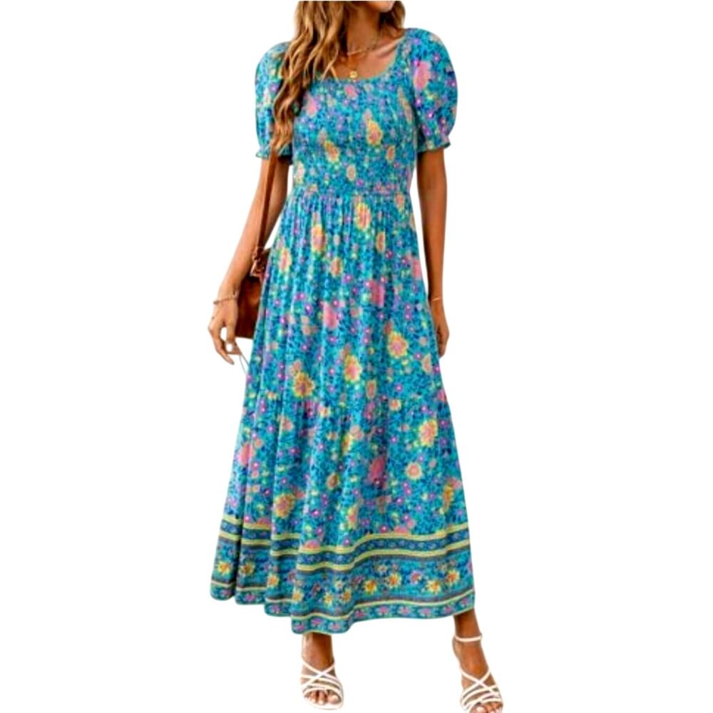 Blue Floral Colorful Midi Sun Milkmaid Dress M L Boho Country Peasant Hippie NEW